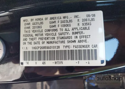 2009 Honda Accord 2.4 Ex-L from USA, damaged, VIN 1HGCP26859A010128
